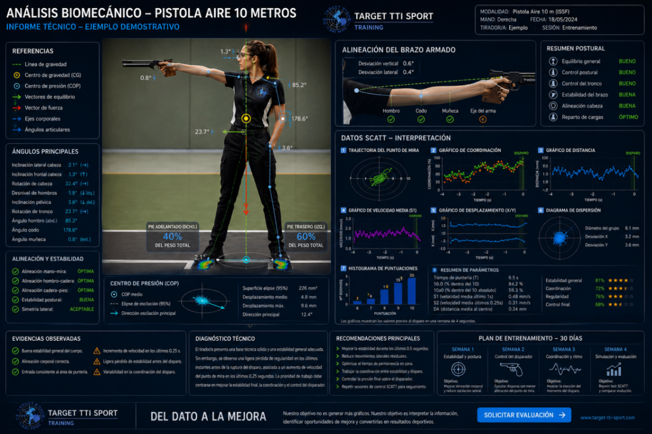 Análisis biomecánico de pistola aire 10 metros — línea de gravedad, centro de masas, vectores de equilibrio, ángulos articulares y distribución de cargas